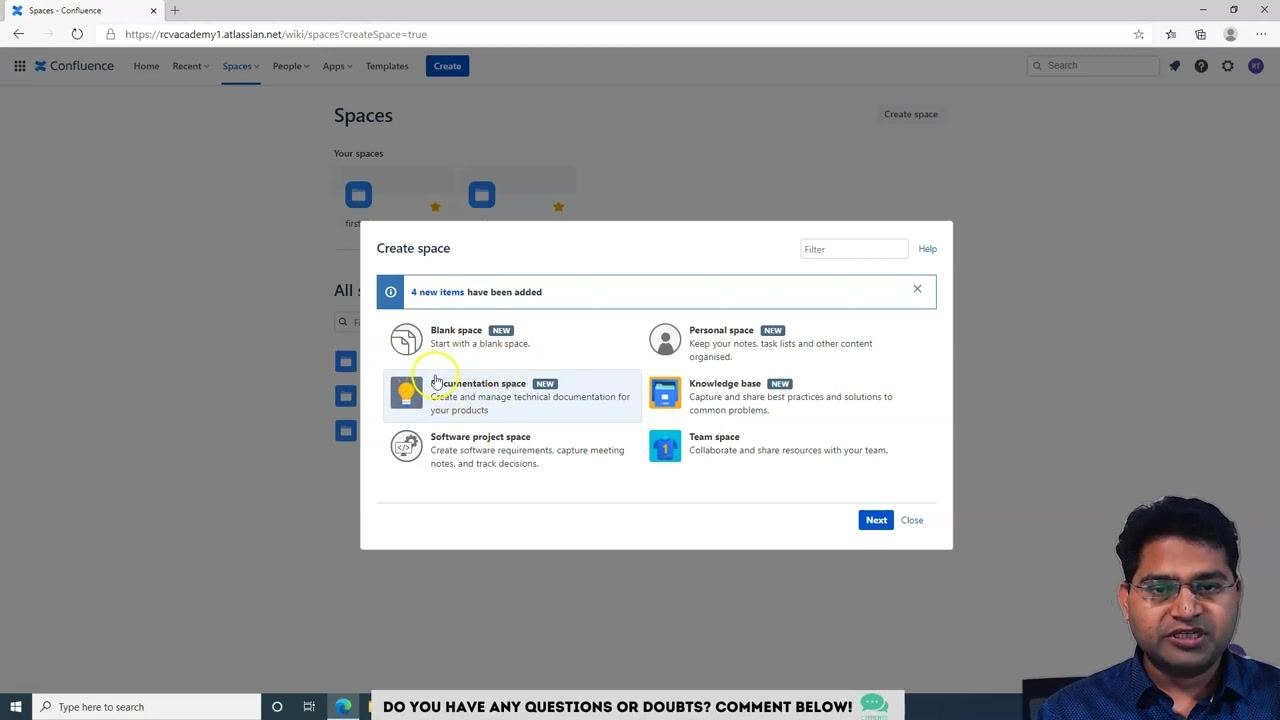 Spaces dropdown open with "View all spaces" highlighted