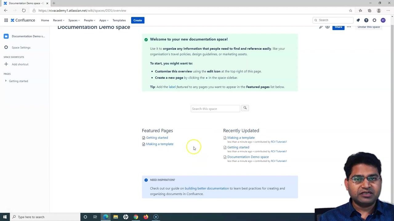 Confluence documentation space with "Getting started" and "Making a template" pages listed, and populated featured/recently updated sections