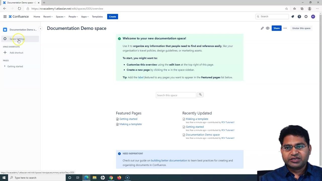 Sidebar with the cursor highlighting "Space Settings" in the Confluence documentation space