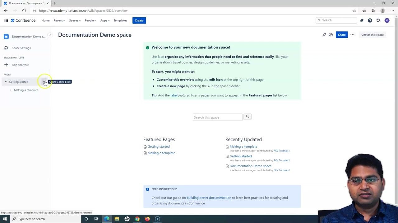 Sidebar with the cursor hovering over the "+" icon next to "Getting started," with the tooltip "Create a child page" visible
