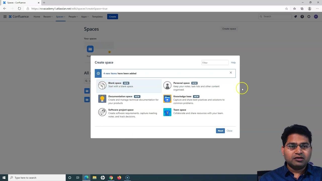 Create space pop-up with various space type options