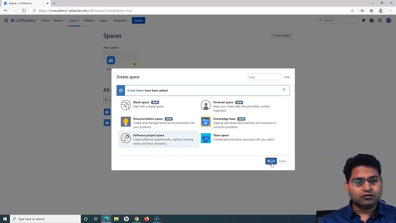 Software project space selected with the "Next" button highlighted