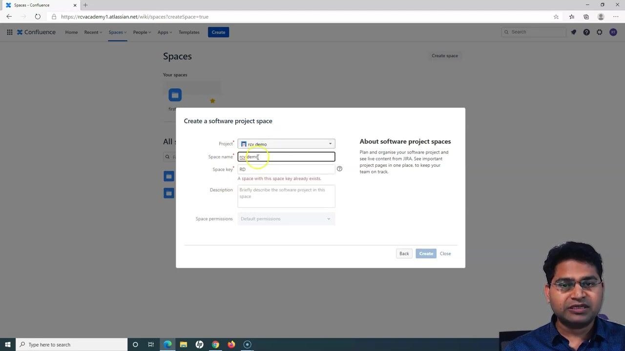 Create a software project space dialog with the "Project" dropdown set to "rcv demo," "Space name" as "rcv demo," and "Space key" as "RD"