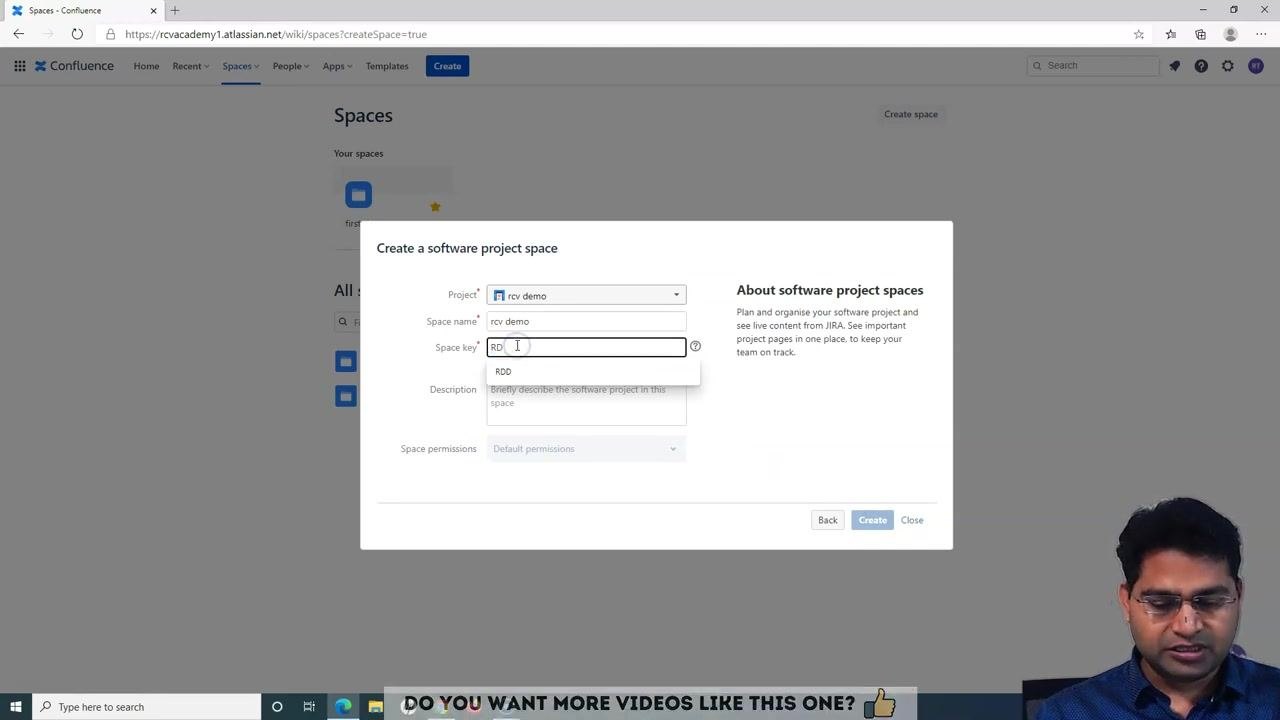 Space permissions field disabled, showing "Default permissions"