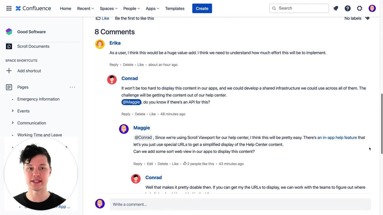 Confluence page titled "Should We Add In-App Help to Our Apps?" showing summary, contributors, and description sections. The left sidebar lists space shortcuts and pages. A blue info box instructs users to avoid inline comments. The page was created by Maggie and its status is "Answered".