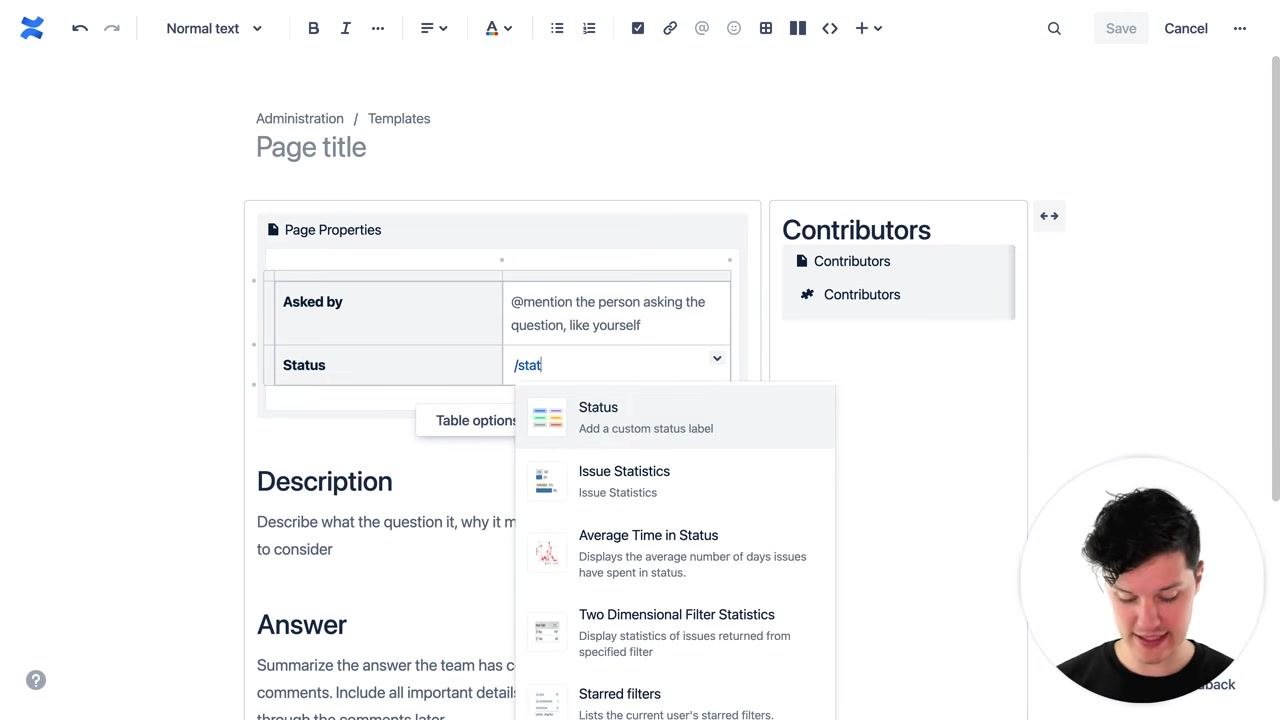 A Confluence template with detailed placeholder text in the "Answer" field, instructing users to summarize answers and include important details. The narrator appears in a small circle overlay.