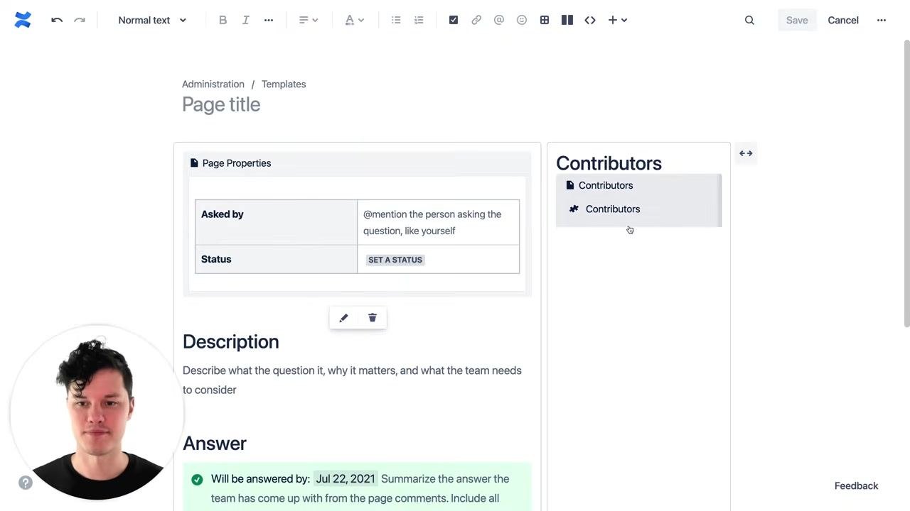 Confluence "Labels" dialog with "open-team-question" label applied, and the narrator in a small circle overlay. The template editing screen is visible in the background.