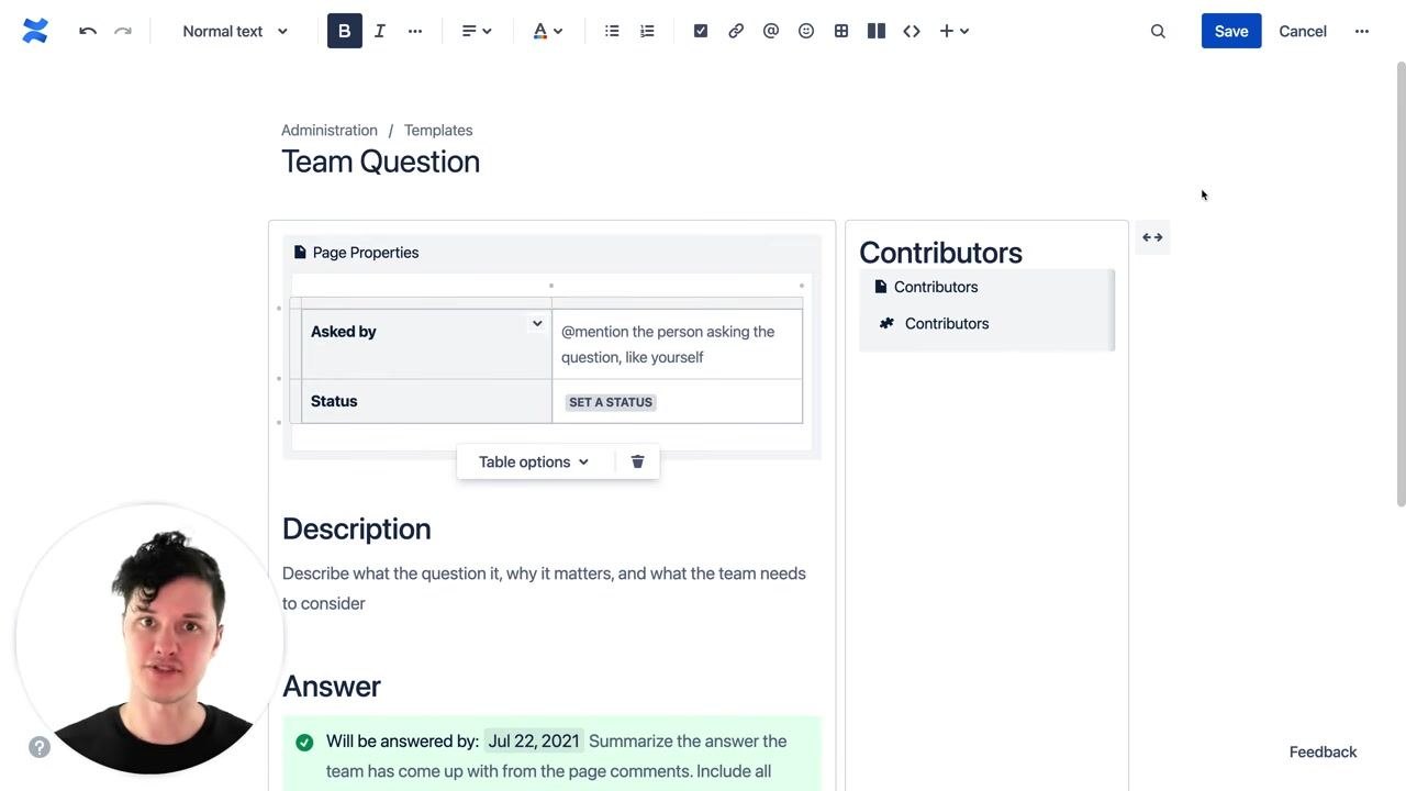 Confluence template editing screen with "Page Properties", "Description", and "Answer" sections visible. The "Contributors" macro is on the right. The narrator appears in a small circle overlay.