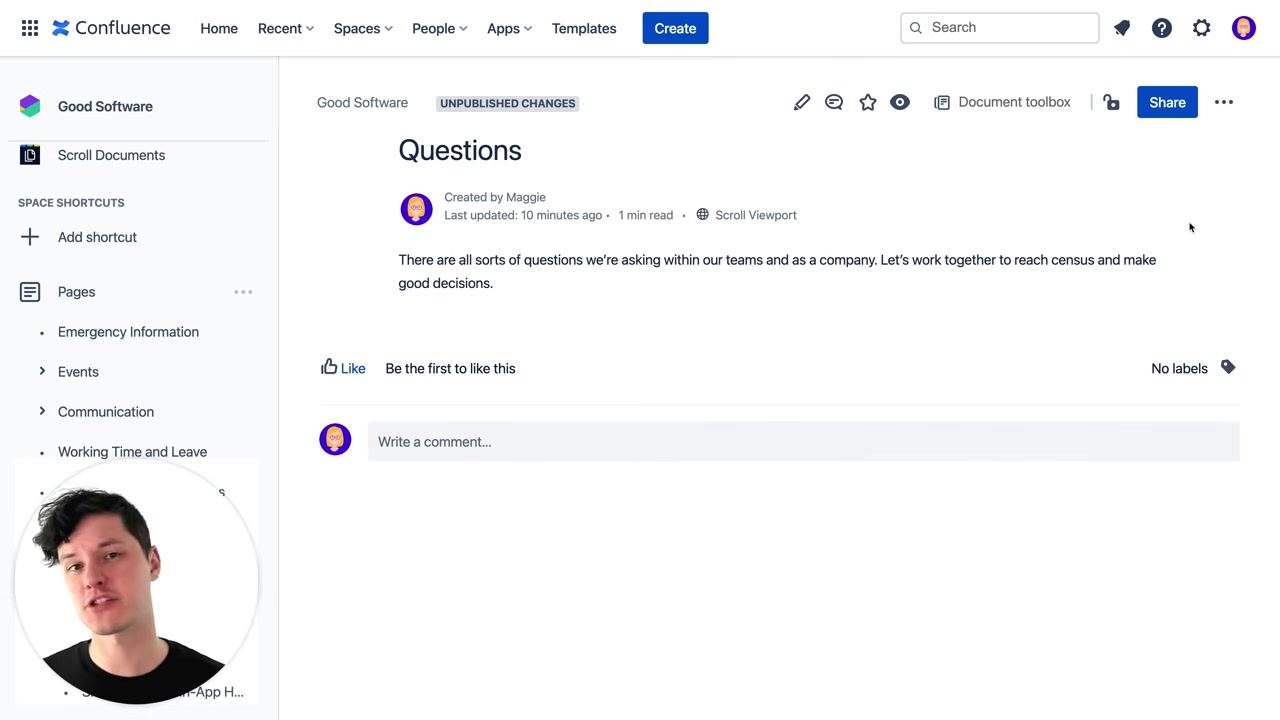 Confluence "Questions" page in the "Good Software" space, showing the title, author, description, and "No labels" indicator. The narrator appears in a small circle overlay.