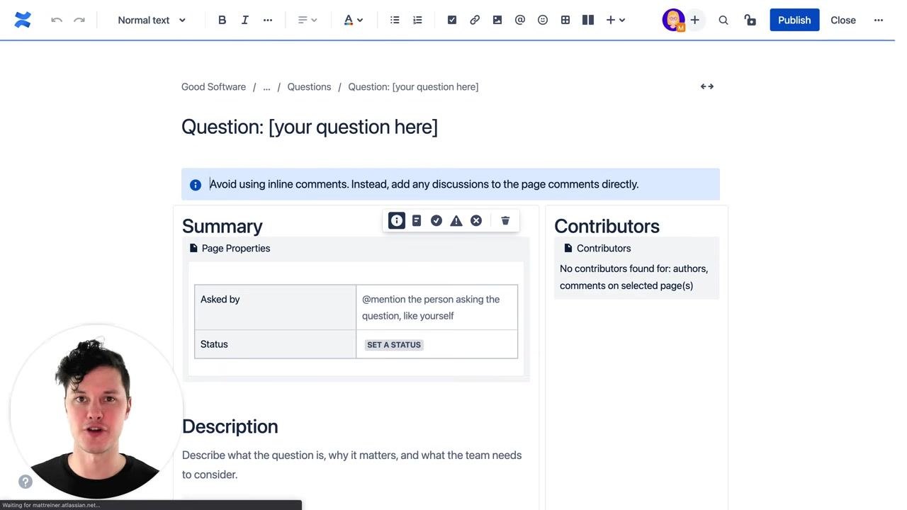New question page generated from the template, showing summary, contributors, and description sections. The narrator appears in a small circle overlay.