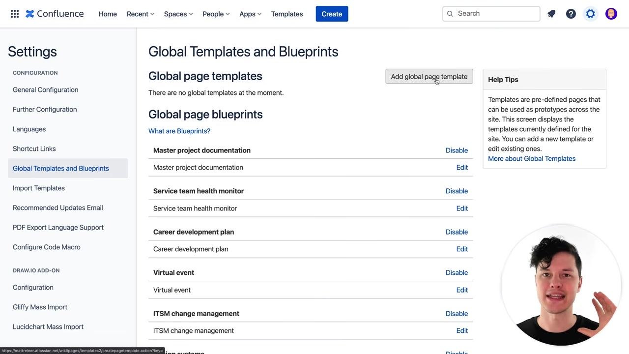 Confluence Settings page with the "Add global page template" button highlighted, ready to create a new template.