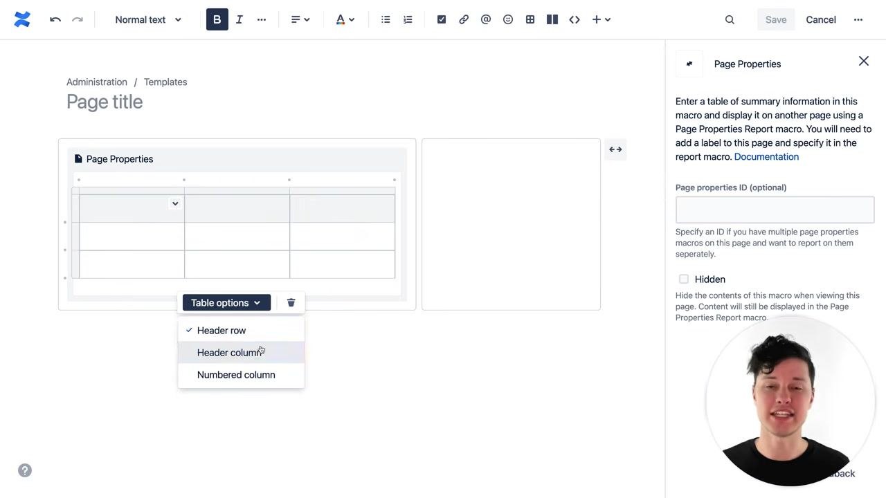 Confluence template editor open with a blank page, showing the breadcrumb "Administration / Templates", "Page title", and the text "Now let's fill this page up". The editor toolbar is visible at the top.