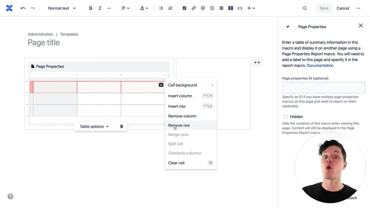Page Properties table with "Asked by" and "Status" fields filled in. The Table options menu is visible. The Page Properties settings panel is open on the right.
