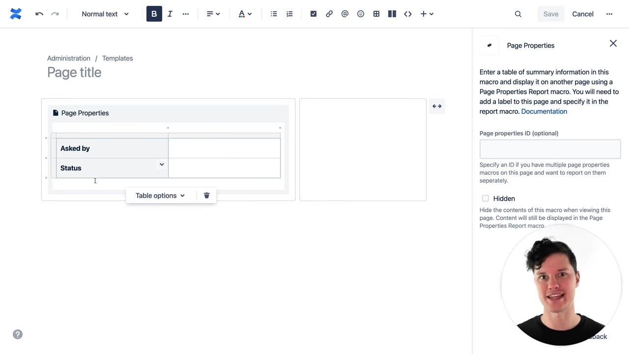 Contributors section being added. The macro search shows "Content Report Table", "Contributors", "Contributors Summary", "Content by Label", and "Scroll Content Block". The heading "Contributors" is visible.