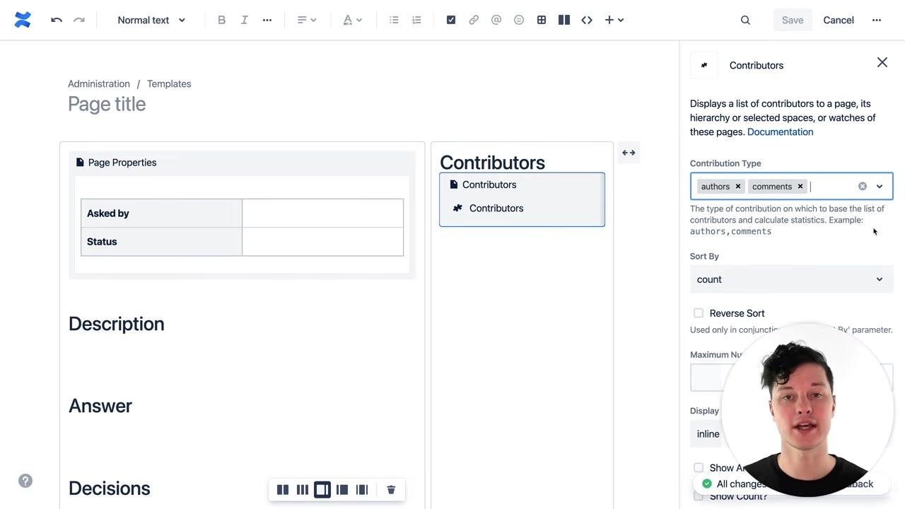 Contributors macro settings open. "Contribution Type" is set to "authors" and "comments". Other options like "Sort By", "Maximum Number", and "Display" are visible. The Contributors macro is inserted on the right side of the template.