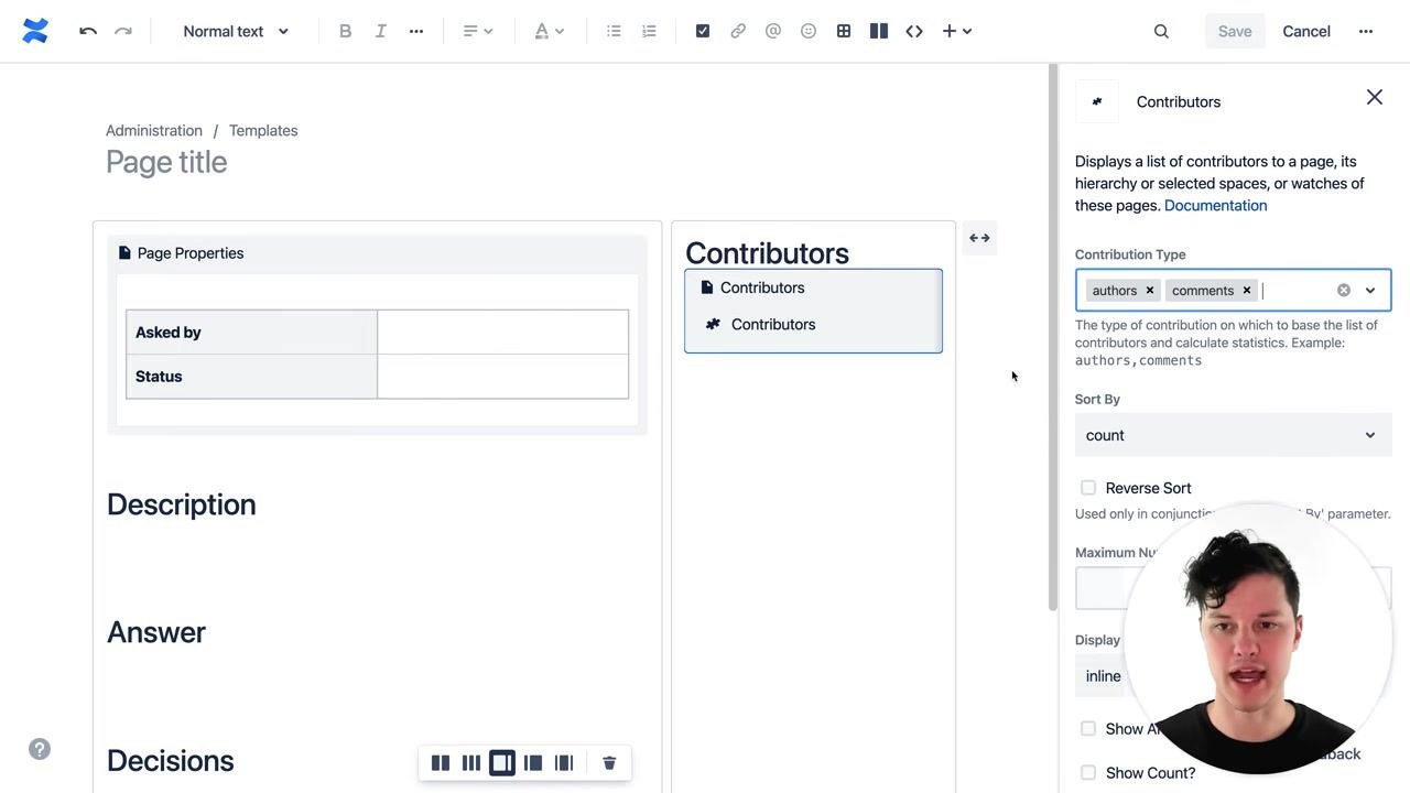 Final template layout showing Page Properties, Description, Answer, Decisions, and Contributors sections. Contributors macro settings are visible on the right.