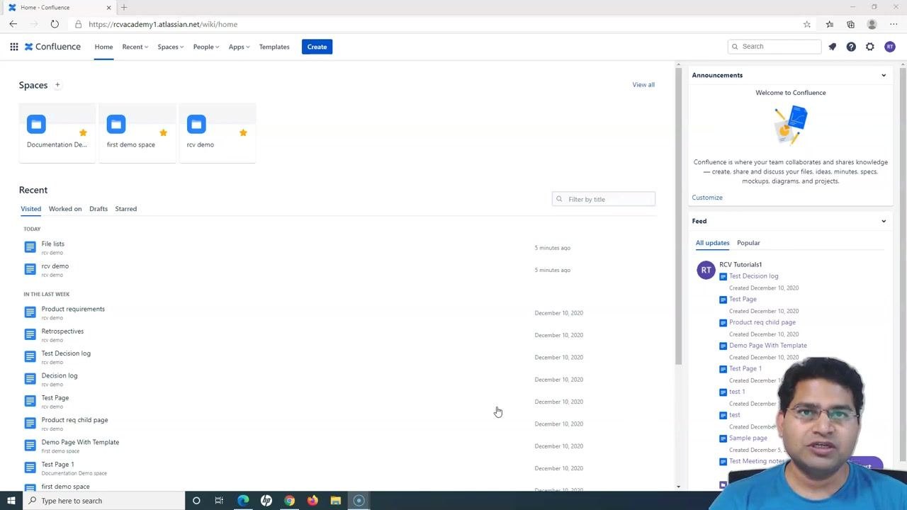 Confluence home page showing the Spaces section and Recent pages, with a space ready to be selected