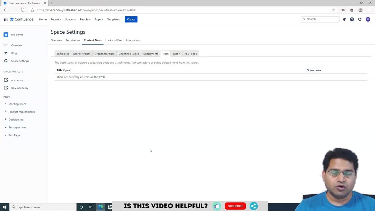 Confluence Space Settings, Content Tools, Trash tab showing the message "There are currently no items in the trash," with no restore or purge options available
