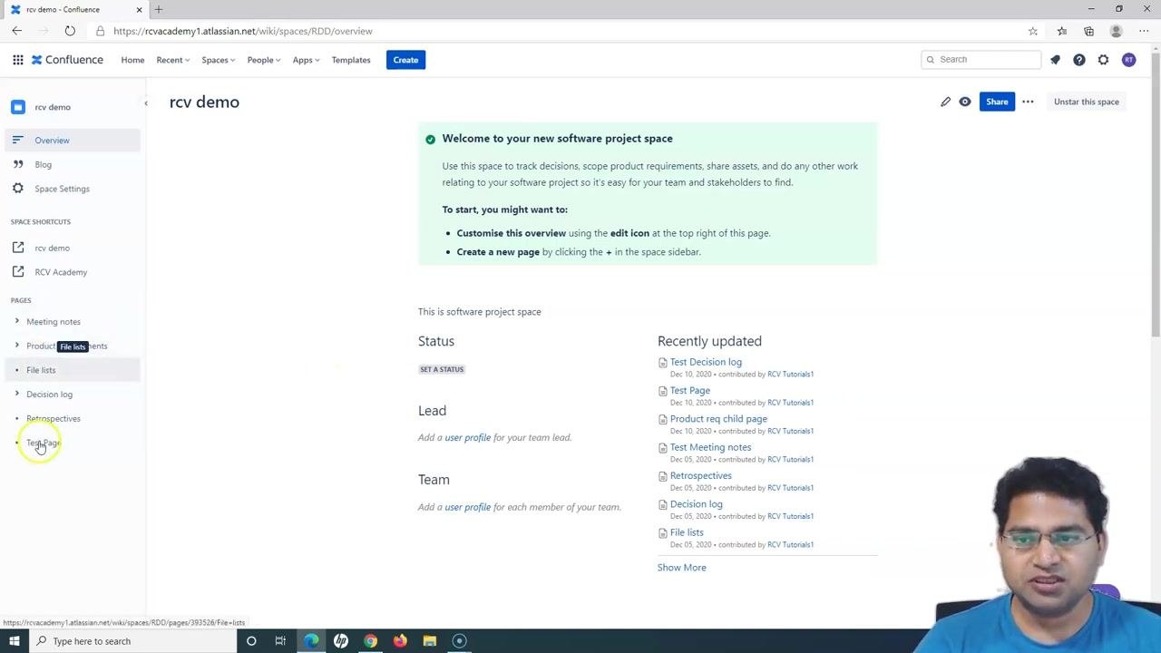 Selected Confluence space with the sidebar showing the page hierarchy and the "File lists" page highlighted
