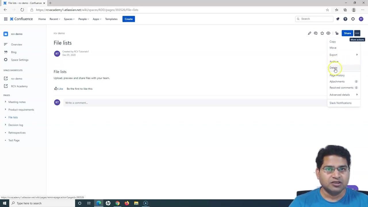 Confluence page with the "More actions" menu open and the Delete option highlighted, ready to be clicked