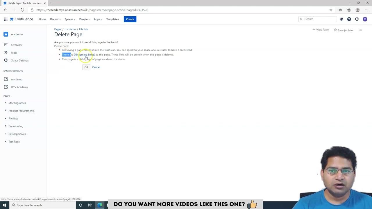 Delete Page confirmation dialog in Confluence, showing warnings about incoming links and the parent page, with OK and Cancel buttons