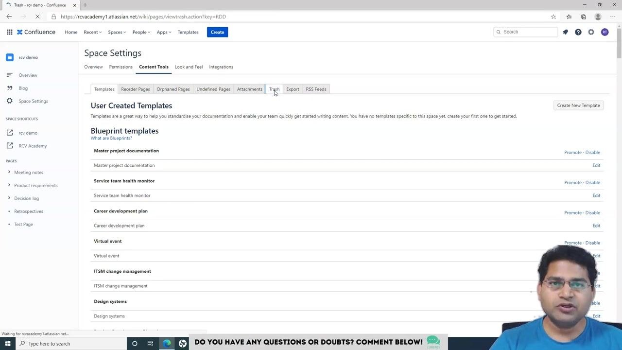 Space Settings > Content Tools with the Trash tab being selected