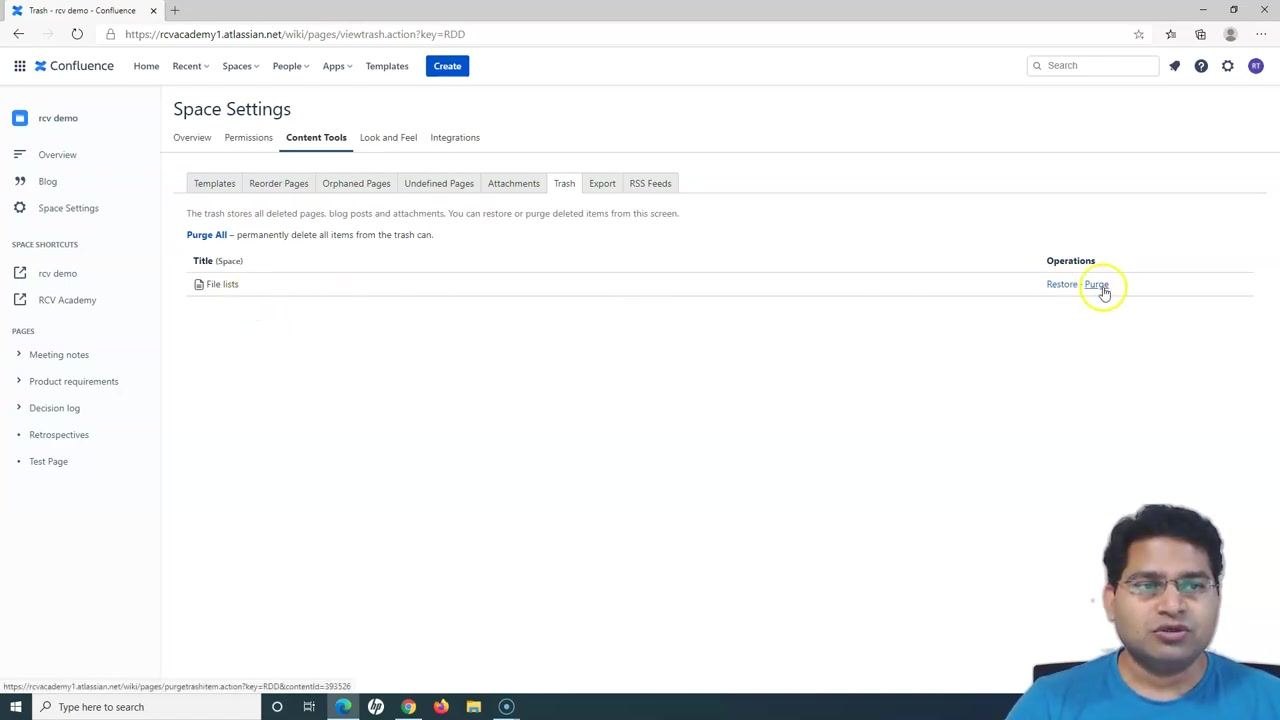 Trash tab with the Purge option highlighted for the deleted page