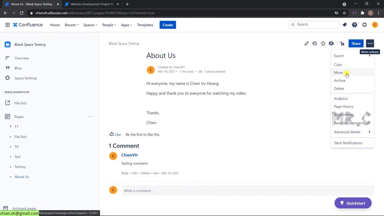 Copy page dialog with "Website Development Project With ChienVH" selected as the destination space