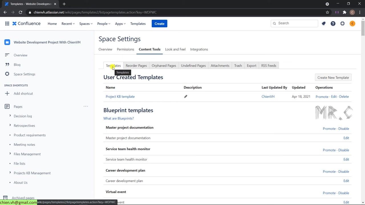 The Reorder Pages view showing a tree structure of all pages, including "Decision log," "Retrospectives," and "Product requirements"
