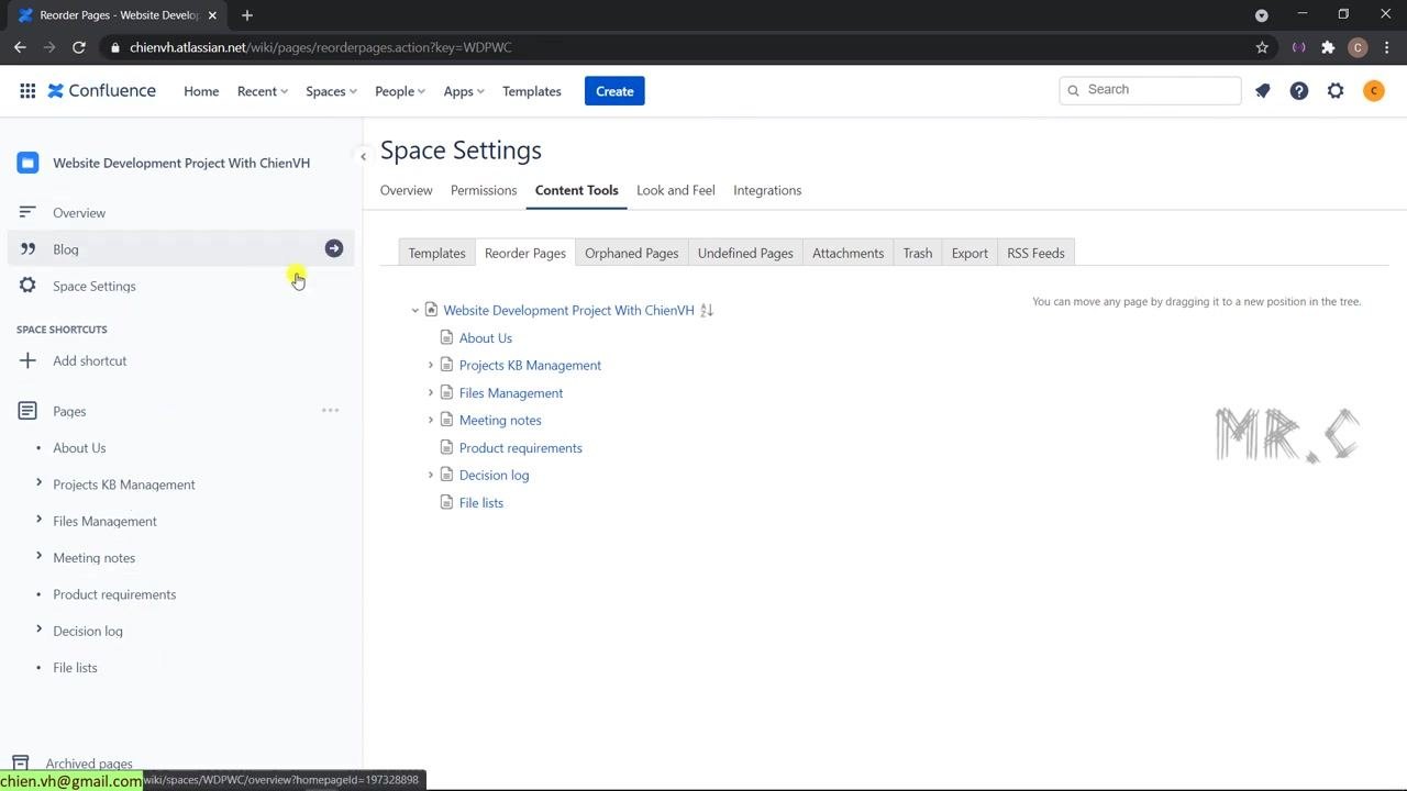 Cursor hovering over the "Blog" entry in the sidebar, with the "Reorder Pages" tree still shown in the main area
