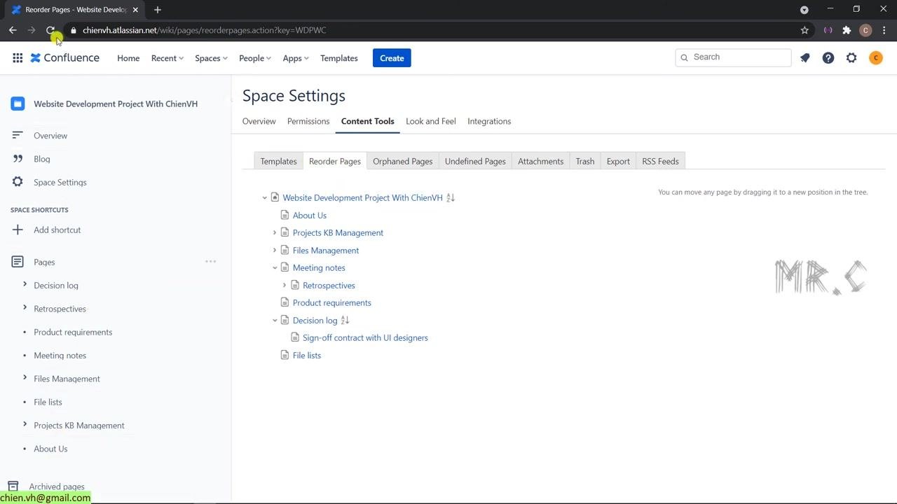 Confluence Space Settings screen showing the updated page order in the sidebar, matching the "Reorder Pages" tree in the main area