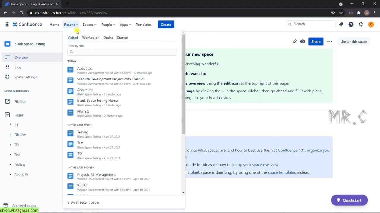 Recent menu in Blank Space Testing showing both the original and copied "About Us" pages