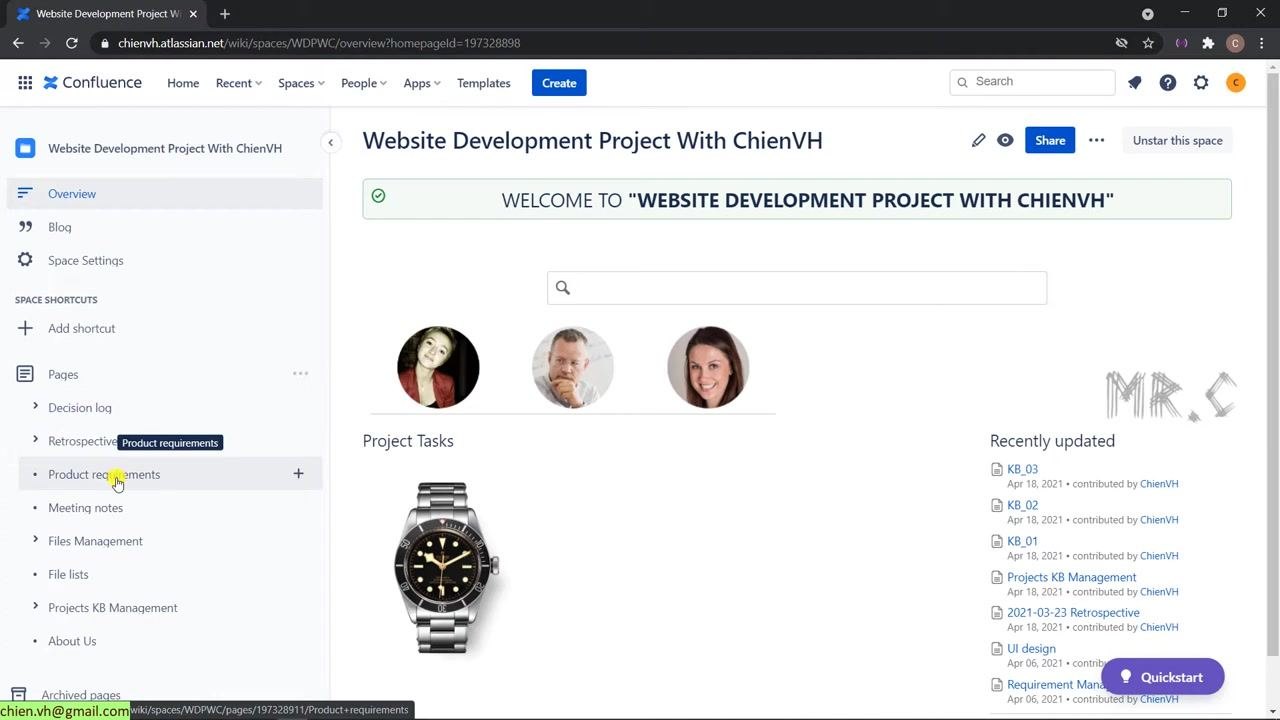 Confluence space sidebar showing all page sections, including "About Us"
