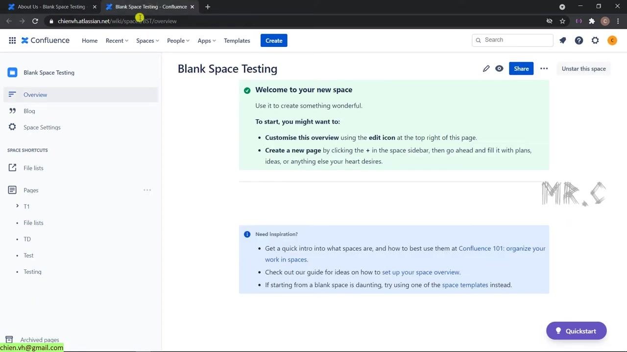 Move page dialog with "Blank Space Testing" selected as the new space and "Blank Space Testing Home" as the new parent page