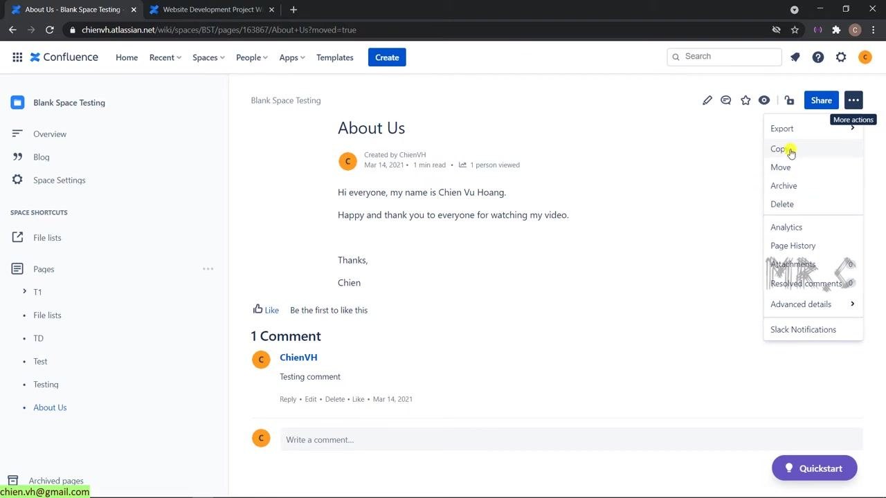 About Us page with the More actions menu open and the "Copy" option highlighted