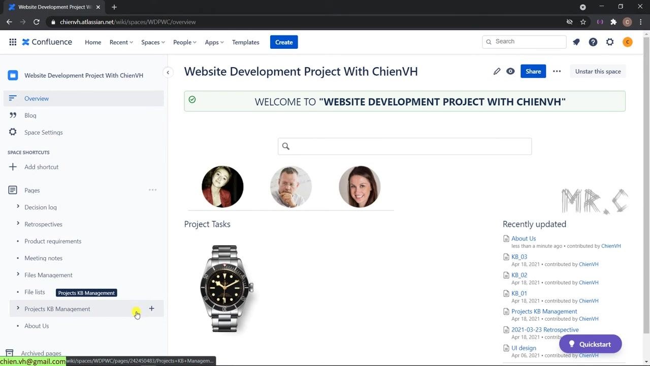 Sidebar with the "Space Settings" option highlighted in the Website Development Project With ChienVH space