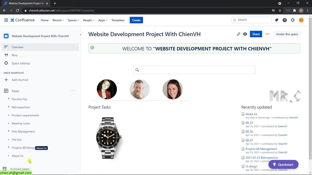 Sidebar with "Space Settings" highlighted, showing the current page order and main overview content