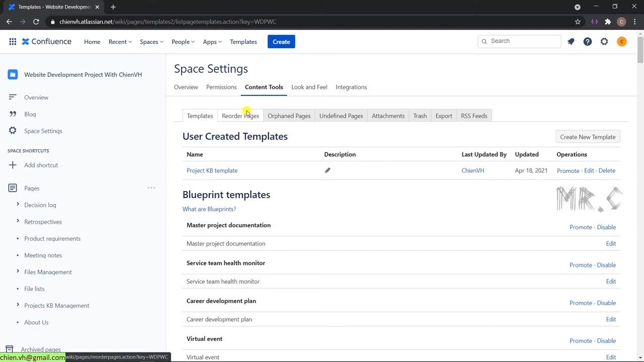 The "Reorder Pages" tab highlighted in the Content Tools section of Space Settings, with user-created and blueprint templates shown above