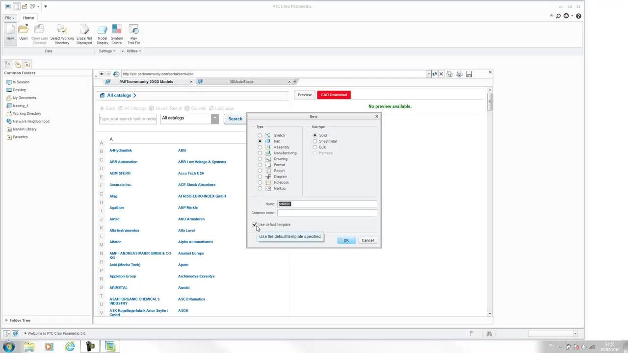 New Part dialog with the "Use default template" option checked