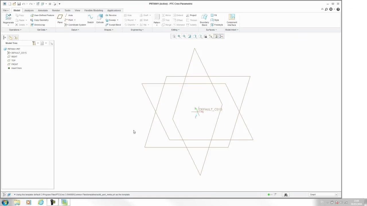 Creo Parametric workspace showing a new part with the MMKS template active, Model Tree on the left, reference planes and coordinate system visible, and status bar confirming template usage