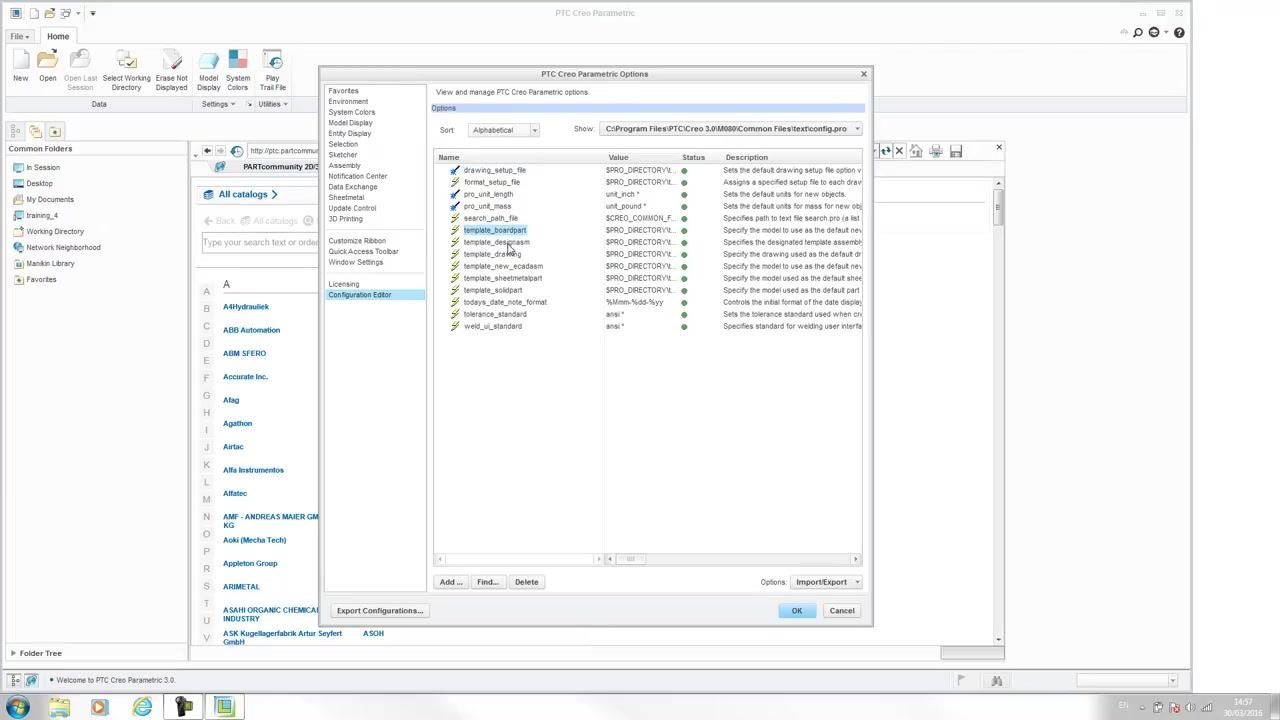 PTC Creo Parametric Options dialog showing template settings and their file paths