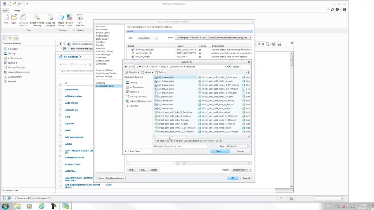 File dialog open to the templates folder, with "solid_part_mmks.prt" visible among the other template files