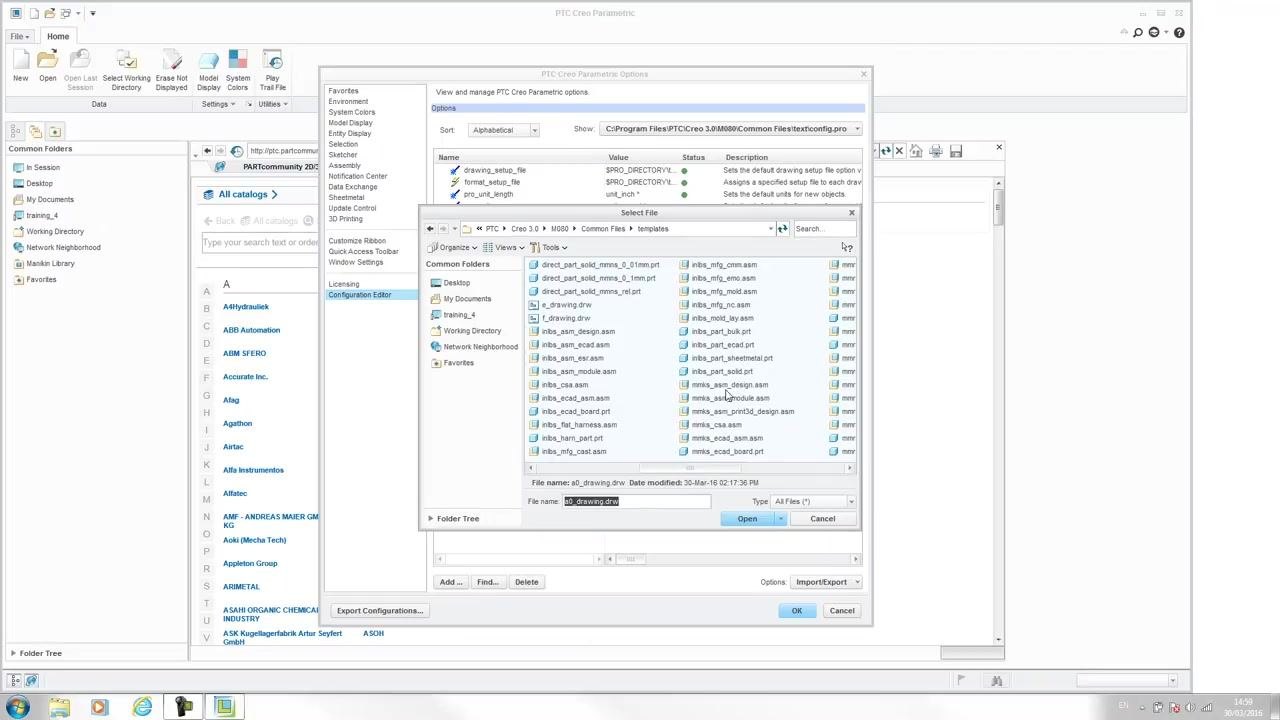 File dialog open to the templates folder, with "mmks_asm_design.asm" visible and ready for selection