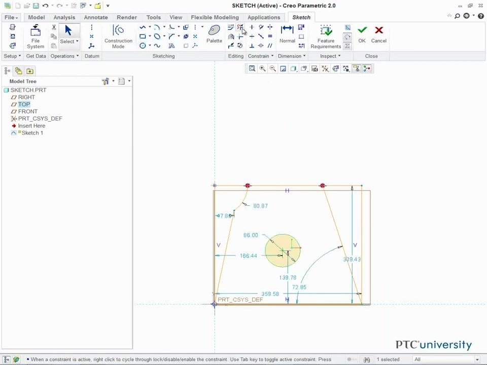 Sketch with weak dimensions appearing after tool use; dimensions and constraints are visible on the geometry