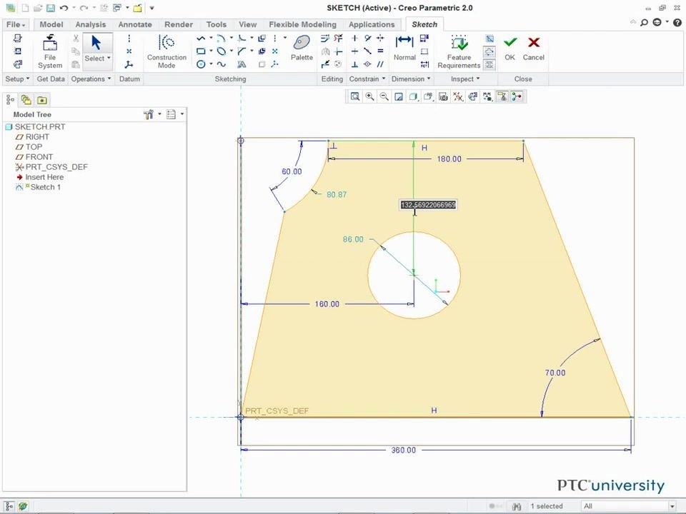 Sketch with dimensions being repositioned for clarity using the Select tool