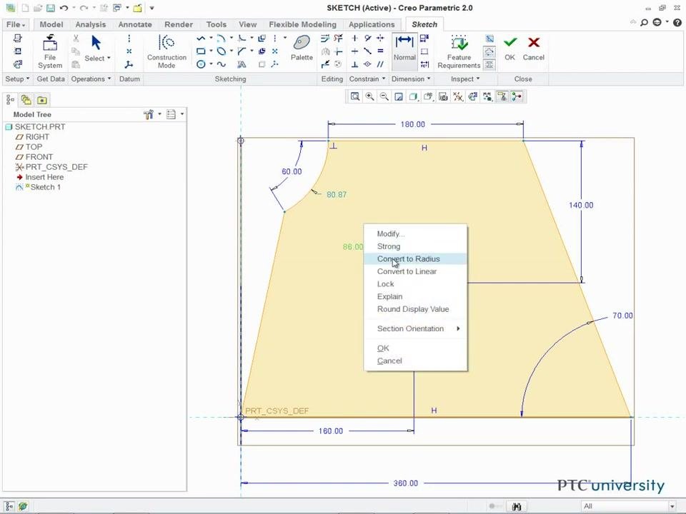 Context menu open on a selected arc dimension, with "Convert to Radius" highlighted