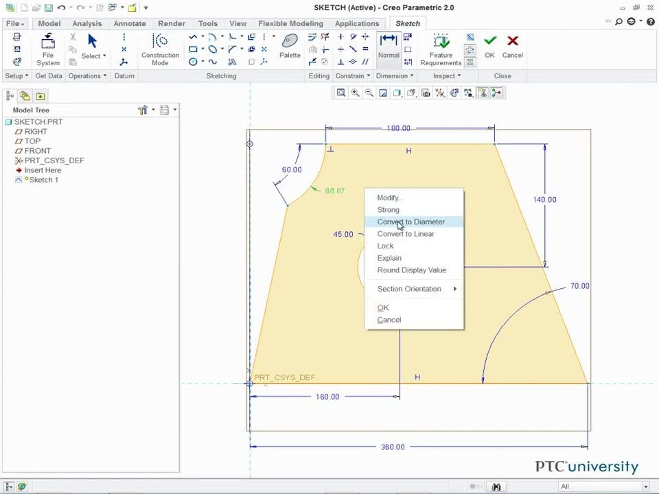 Context menu open on a selected arc dimension, with "Convert to Diameter" highlighted