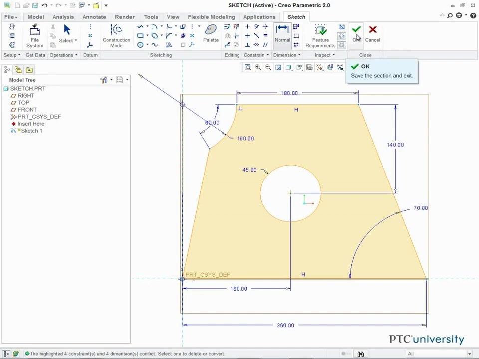 Cursor hovering over the OK button in the Sketch tab, tooltip reads "Save the section and exit"