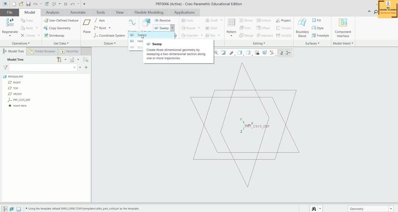 Creo Parametric main workspace with the file browser and an empty modeling area