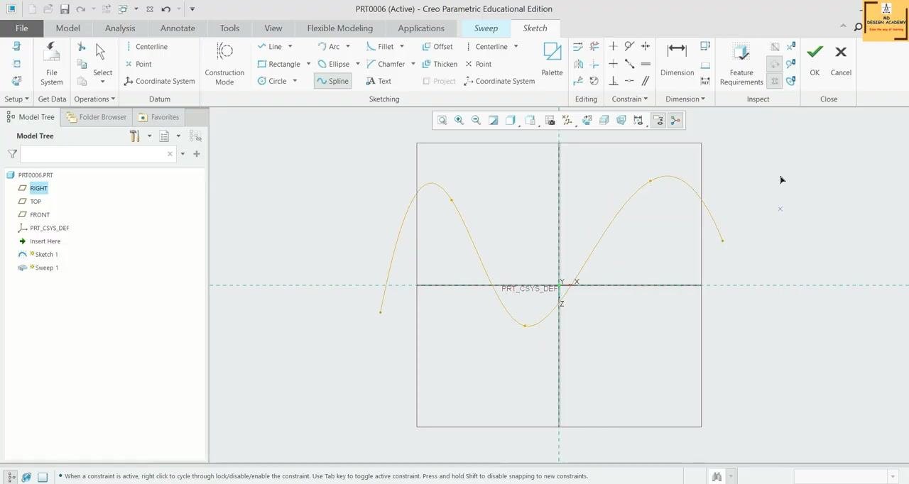 Spline path drawn in the sketching environment, ready to be used as the sweep trajectory